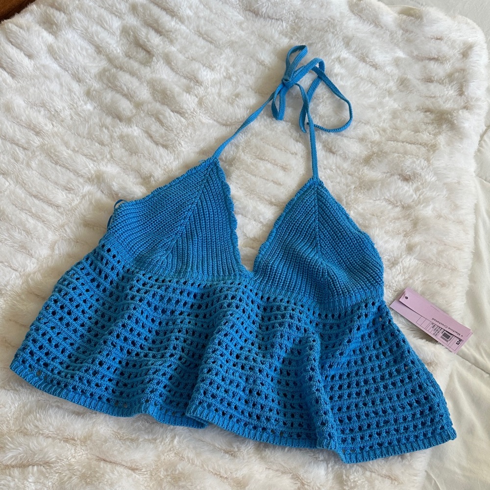 NWT Blue Crochet Halter Top Flowy Knit Boho Summer Tank ✨